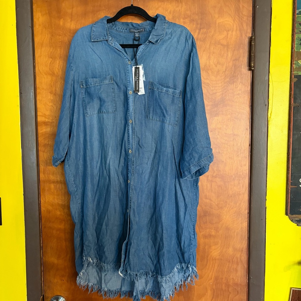 Chelsae Theodore Shirt Dress Women’s 2X  Blue Chambray Button Up Raw Hem Denim